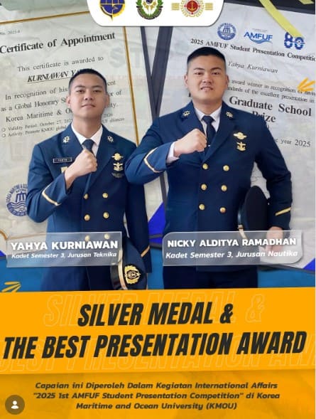 nicky-alditya-ramadhan-jurusan-nautika-dan-yahya-kurniawan-jurusan-teknika-meraih-silver-medal-dan-the-best-presentation-award-dalam-ajang-2025-1st-amfuf-student-presentation-competition-di-korea-maritime-and-ocean-university-kmou