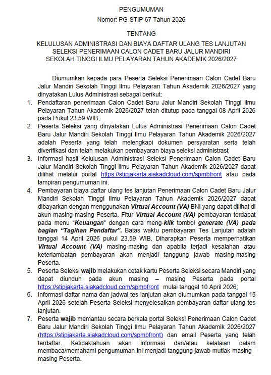 pengumuman-kelulusan-administrasi-dan-biaya-daftar-ulang-tes-lanjutan-seleksi-penerimaan-calon-cadet-baru-jalur-mandiri-stip-indonesia-tahun-akademik-20262027