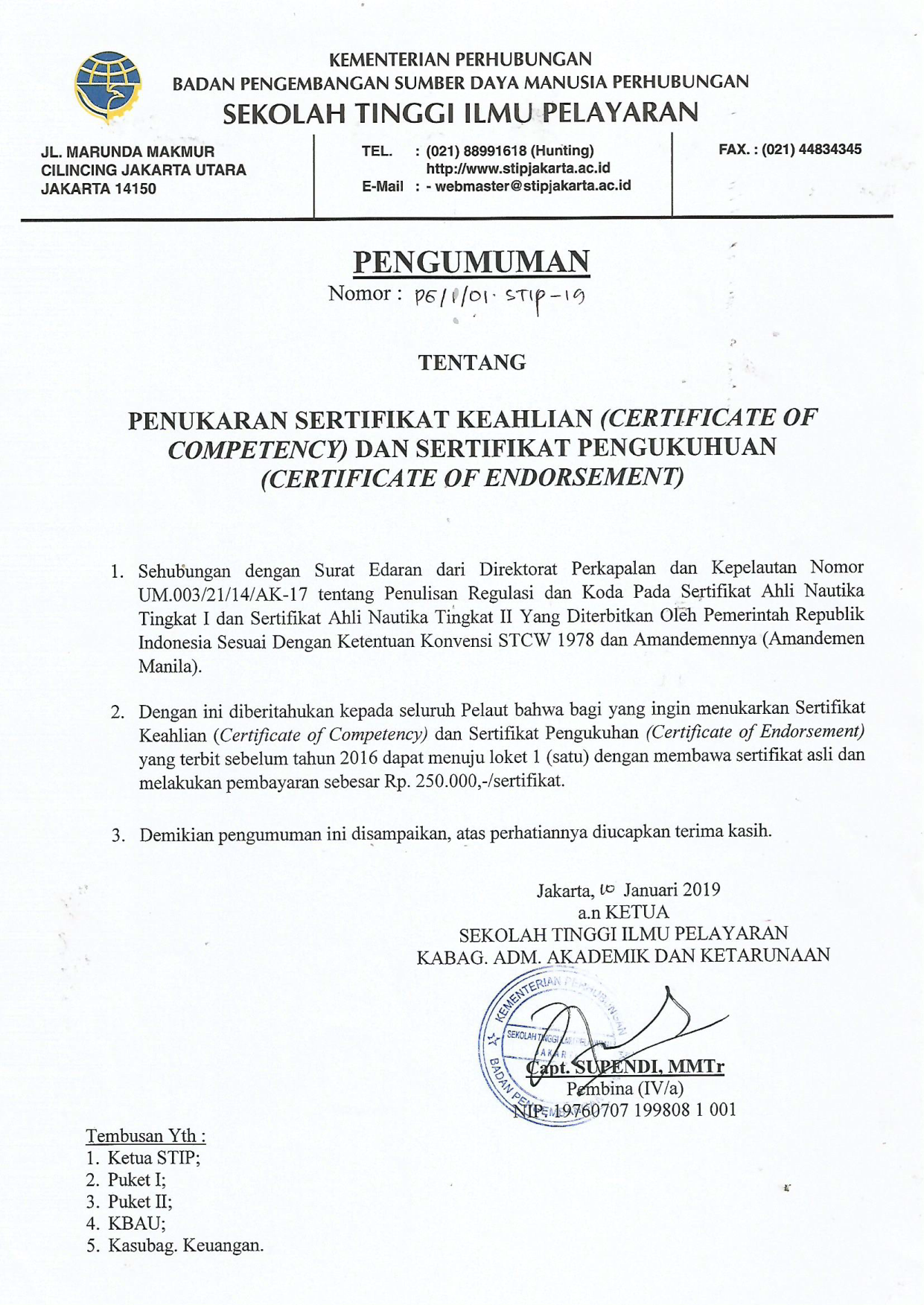 Membership Certificate (COC) STIP JAKARTA