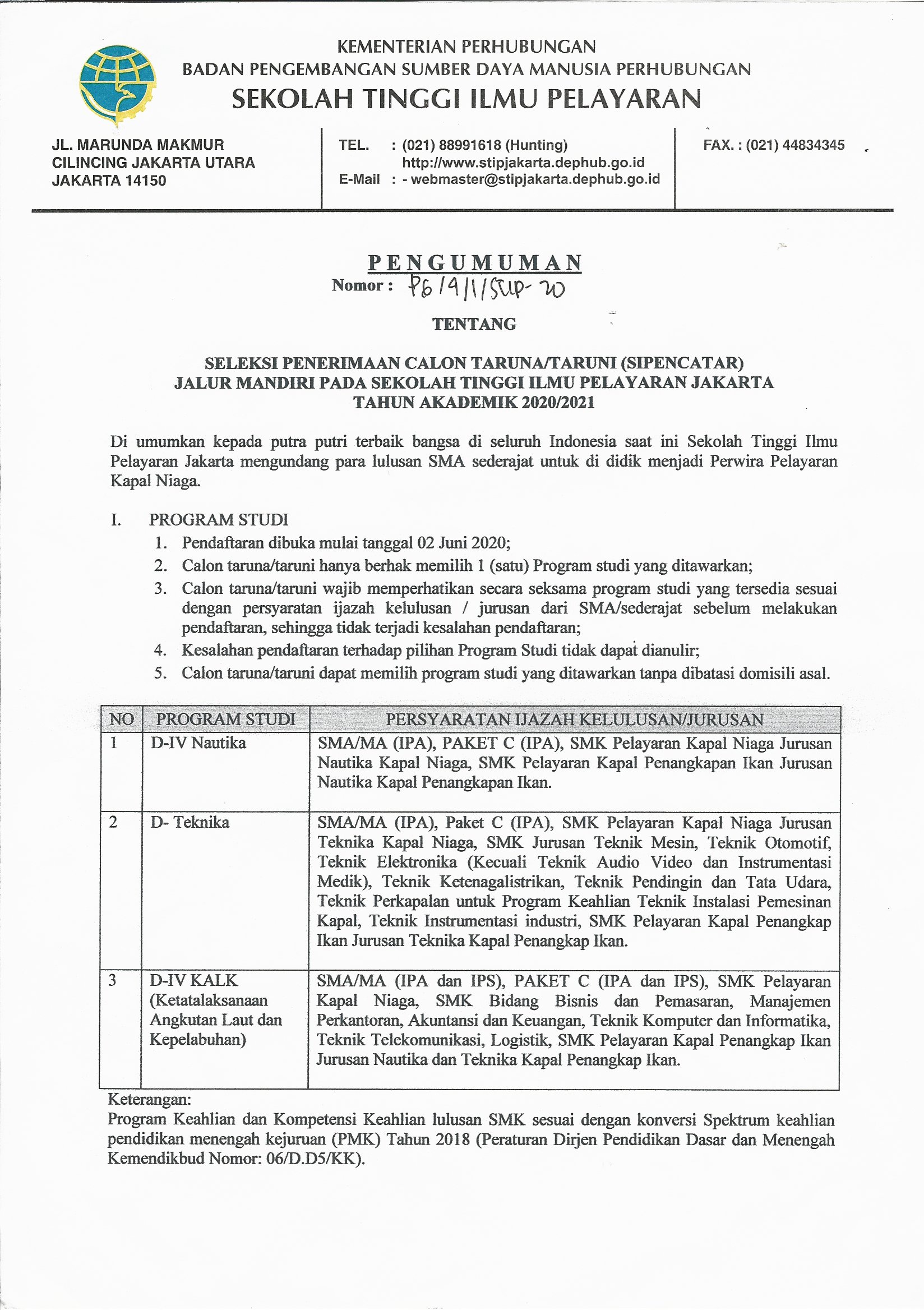 Pengumuman Seleksi Penerimaan Calon Taruna/i (SIPENCATAR) Jalur Mandiri ...