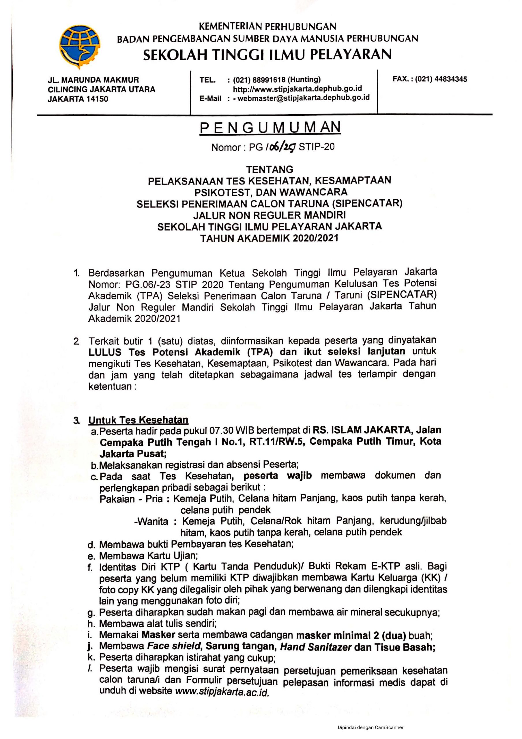 Pengumuman Pelaksanaan Tes Kesehatan, Kesamaptaan Psikotes Dan ...