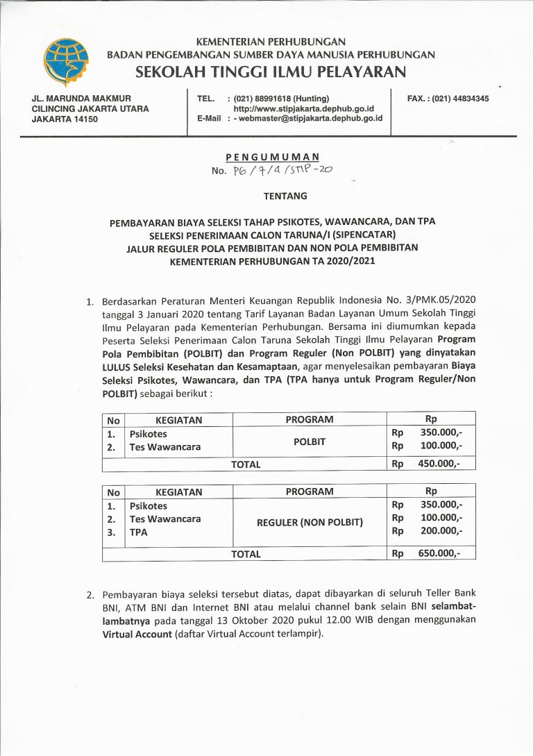 Pengumuman Tentang Pembayaran Biaya Seleksi Tahap Psikotes, Wawancara ...