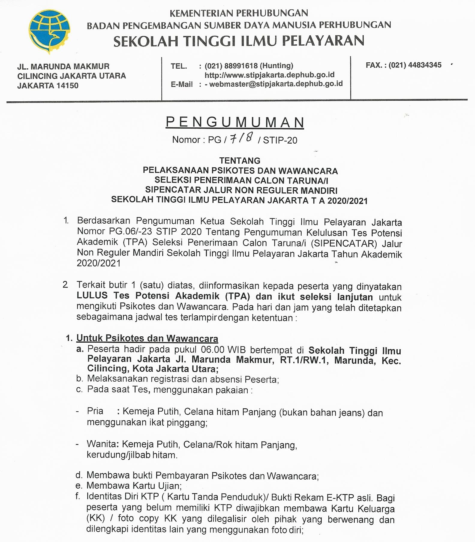 Pengumuman Pelaksanaan Psikotes Dan Wawancara SIPENCATAR Jalur Non ...