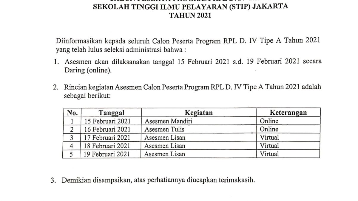 Pengumuman Pelaksanaan Asesmen Calon Peserta Program RPL D.IV Tipe A Sekolah Tinggi Ilmu Pelayaran Jakarta Tahun 2021