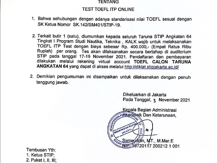 Pengumuman Test TOEFL Bagi Taruna Tingkat I Angkatan 64